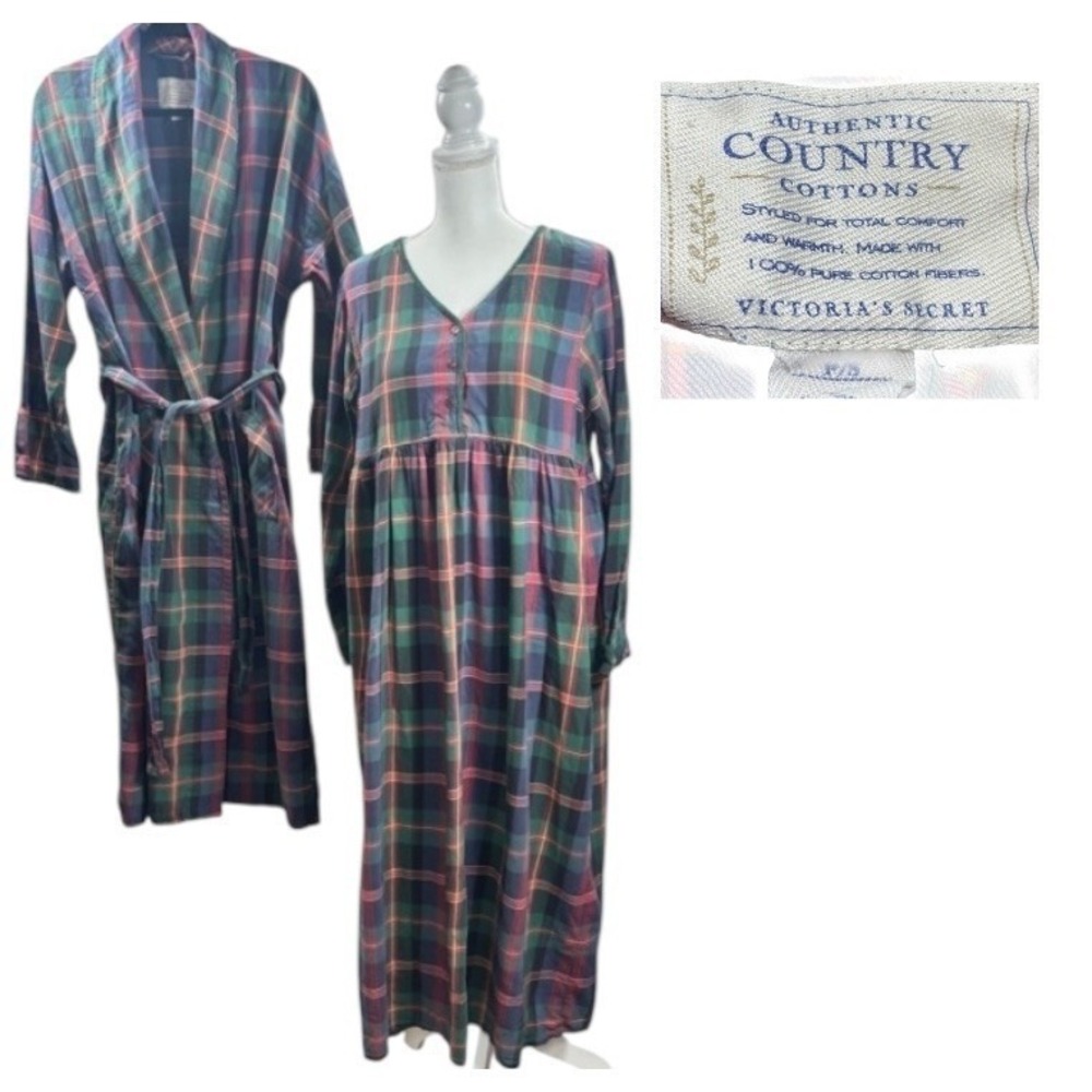 VTG 80s Victoria's Secret Country Nightgown Robe Set Tartan Plaid Flannel S - Picture 1 of 8